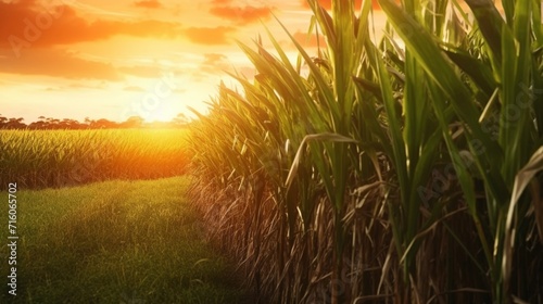 Agriculture Sugarcane field at sunset Sugar cane Ai Generative photo