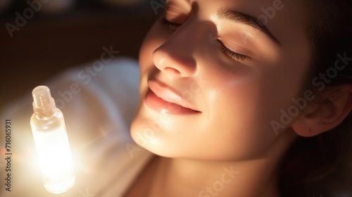 Closeup of a teenage girl applying serum to her acneprone skin, visibly reducing redness and blemishes. photo