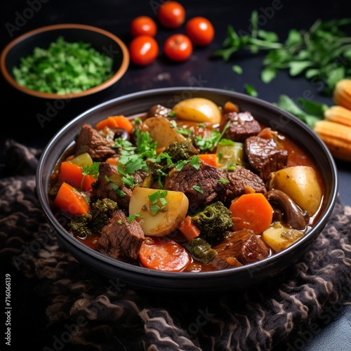 Delight in the succulence of a slow-cooked beef stew, featuring hearty vegetables immersed in a flavorful broth. A comforting homestyle dish that brings warmth to any meal.