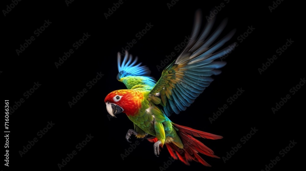 Fototapeta premium Flying parrot on black background Ai Generative