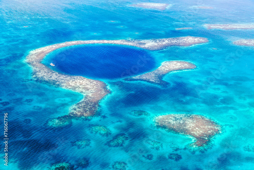 Aerial view of the Blue Hole, Lighthouse Reef, Belize, Caribbean photo