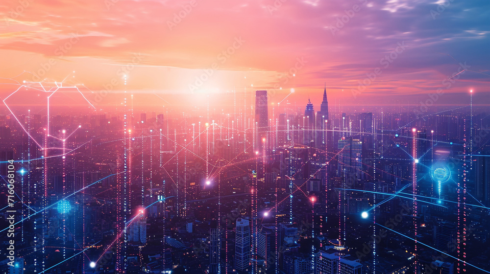 Fototapeta premium A smart city with AI-driven sustainability solutions, world of the future, dynamic and dramatic compositions, with copy space