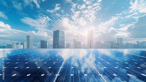 A city with buildings covered in photovoltaic glass, generating solar power, world of the future, dynamic and dramatic compositions, with copy space