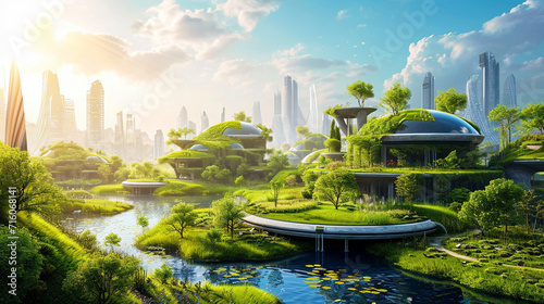 An image of a society living in harmony with restored natural ecosystems, world of the future, dynamic and dramatic compositions, with copy space