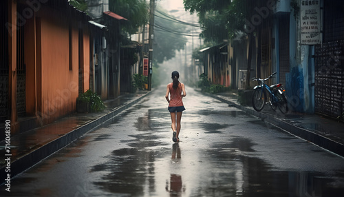 EMPTY STREET AFTER THE RAIN GIRL JOGGING