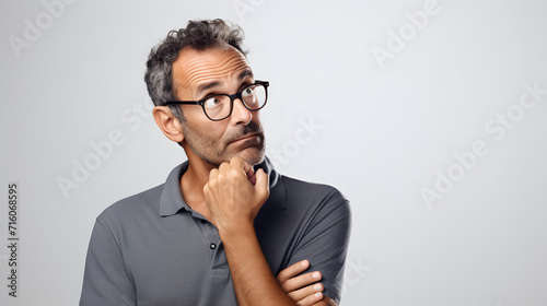 An old man with glasses on thinking of an idea while his hand on the chin