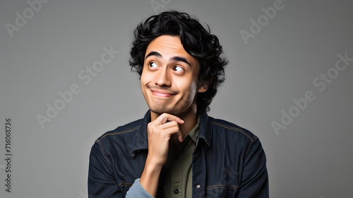 A young man smiling and wondering while looking left, with his hand on the chin