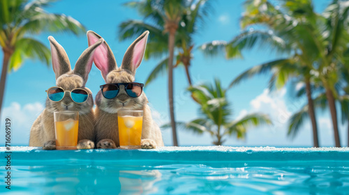 Easter bunnies on vacation with cold drinks by swimming pool, palm trees in background. Holidays bunner