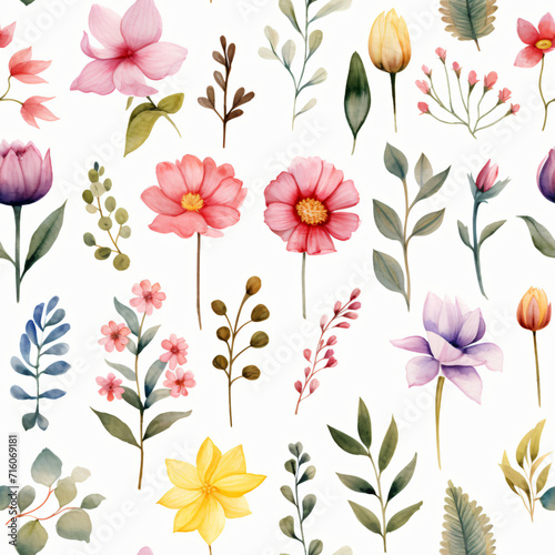 Seamless pattern of Asian flowers, watercolor, Wrapping paper pattern