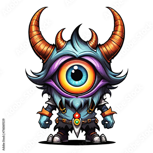 Funny monster with horns and big eyes isolated on transparent background illustration