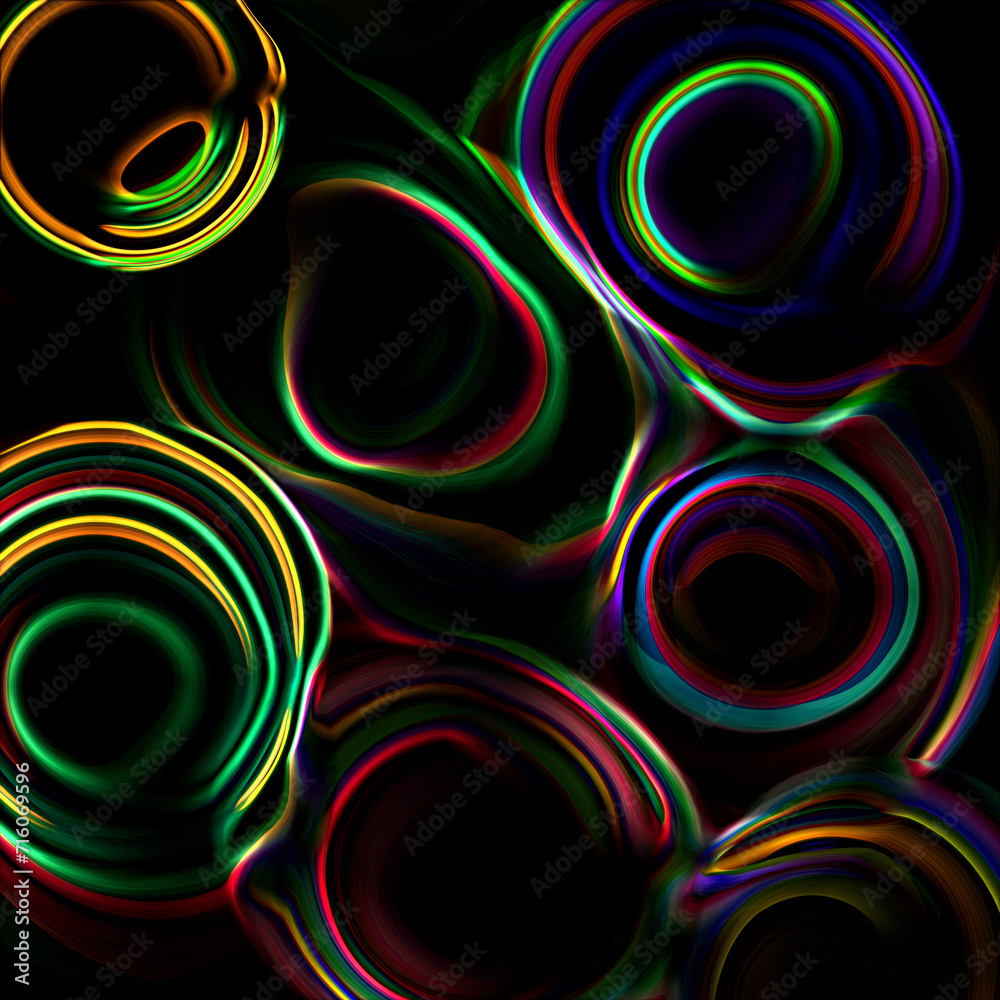 Abstract, fluid colorful lines on a black background. Modern and contemporary texture. Glowing neon with shades of green, yellow, red, purple, magenta