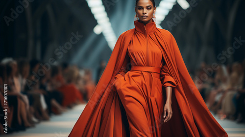 A girl on the catwalk demonstrates clothes from a new collection