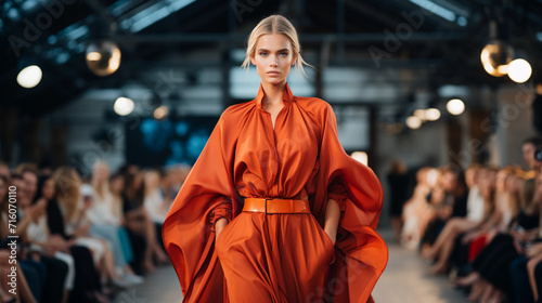 A girl on the catwalk demonstrates clothes from a new collection