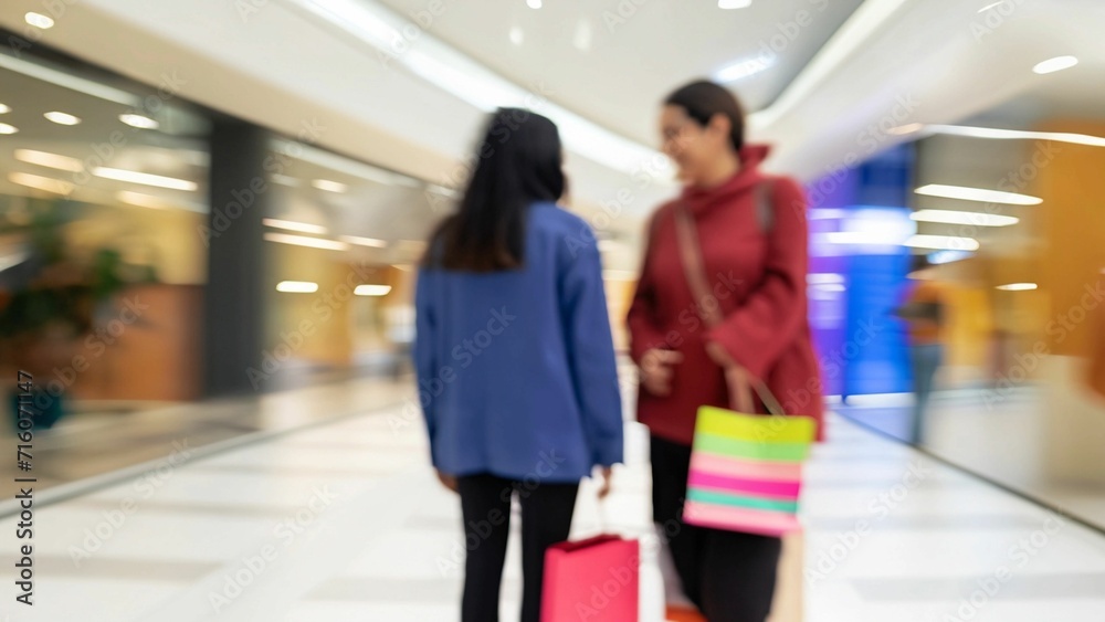 sale, consumerism and people concept - blurred happy young women with shopping bags walking in mall