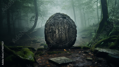 A mysterious, ancient rune stone in a misty forest clearing photo