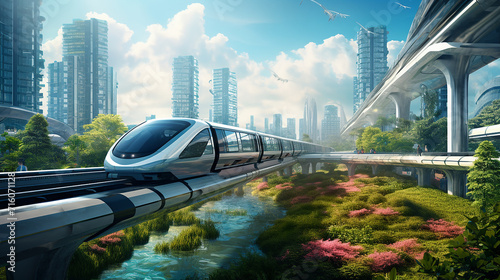A high-speed monorail zipping through a futuristic  eco-friendly urban landscape