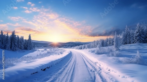 Landscape of winter snowy road with trail snowy Ai Generative