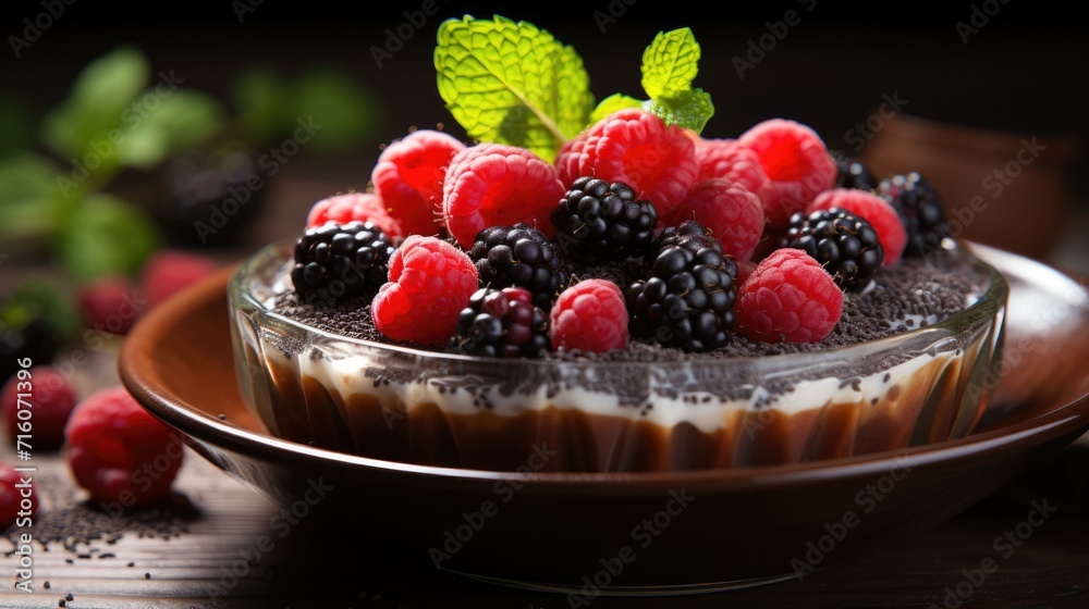 A delicious dessert featuring berries and chocolate. Generative AI. A delicious dessert featuring berries and chocolate. Generative AI.