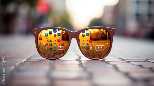 Macro photo of a pair of sunglasses with a reflective lens engraved with tiny emojis and hashtags, signifying the influence of pop culture and social media in everyday fashion choices.