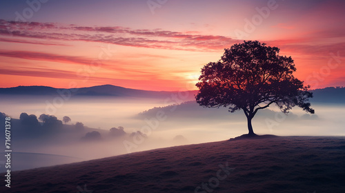 beautiful nature scene with a lone oak tree on a misty hill at dawn