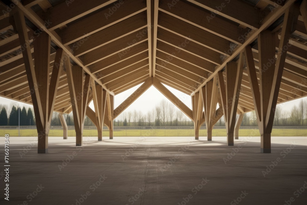 A large wooden structure with a large open space. Generative AI.