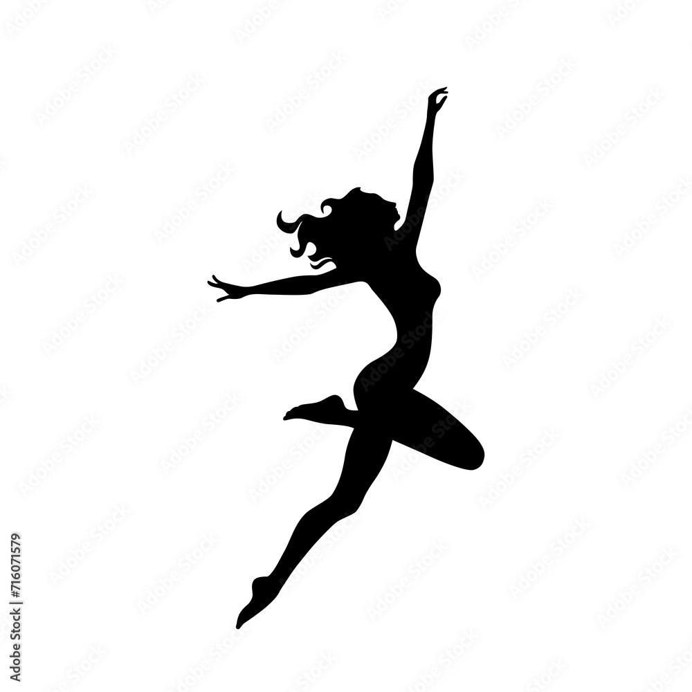 Tańcząca młoda kobieta z rozwianymi włosami. Tancerka w ekspresyjnej pozie. Czarna sylwetka na białym tle. - obrazy, fototapety, plakaty 