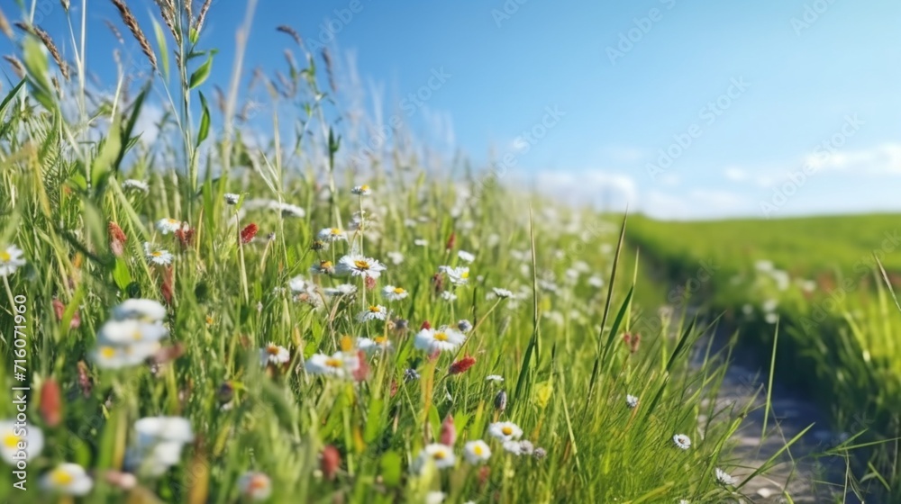 Spring Field with Long Grass Wild Flowers and clear Ai Generative Spring Field with Long Grass Wild Flowers and clear Ai Generative