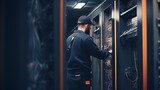 A technician fix the database problem at server room