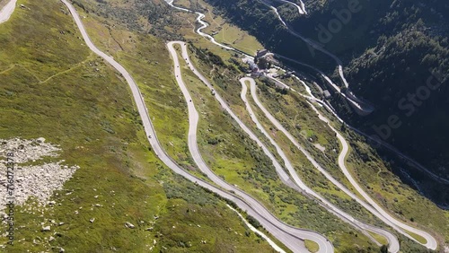 Drone shot of vehicles driving the Furka Pass, Switzerland
