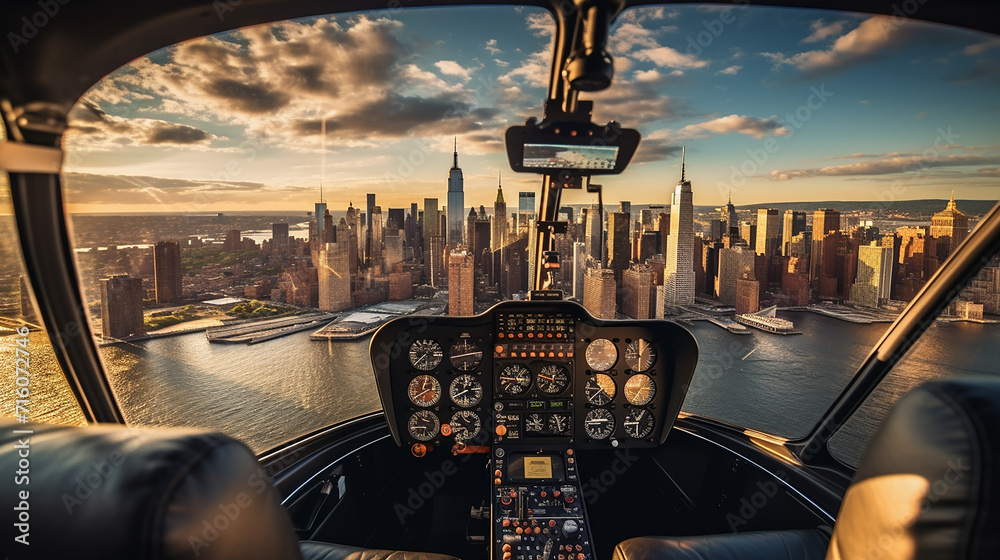 helicopter tour over new york city. helicopter flies over New York City, offering breathtaking views - obrazy, fototapety, plakaty 