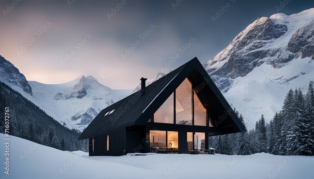 Alpine Minimalistic Lodge, a modern, low-lying structure in a snowy landscape, with a bold, black 