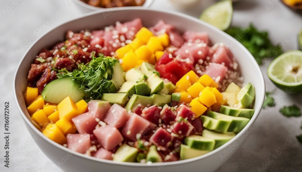 An overhead shot of a vibrant poke bowl, with cubes of fresh ahi tuna, avocado, and mango