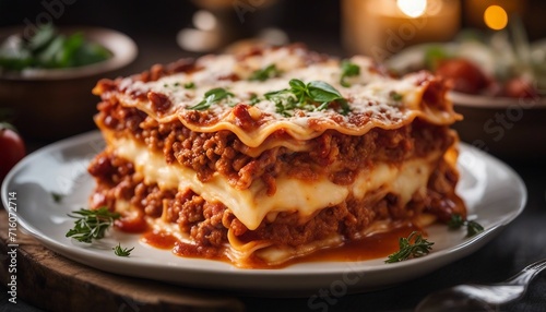 A traditional lasagna dish, with layers of pasta, cheese, and bolognese sauce