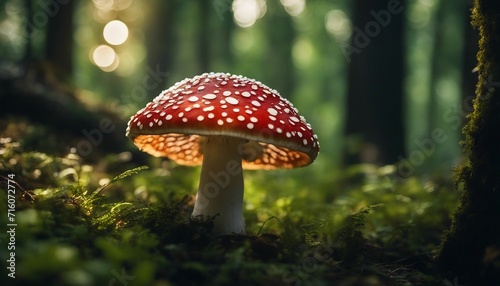 Amanita Muscaria, the iconic red and white-spotted mushroom, standing out among the forest