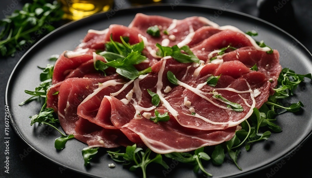  Beef Carpaccio with Arugula, thinly sliced raw beef fanned out on a plate, topped with arugula