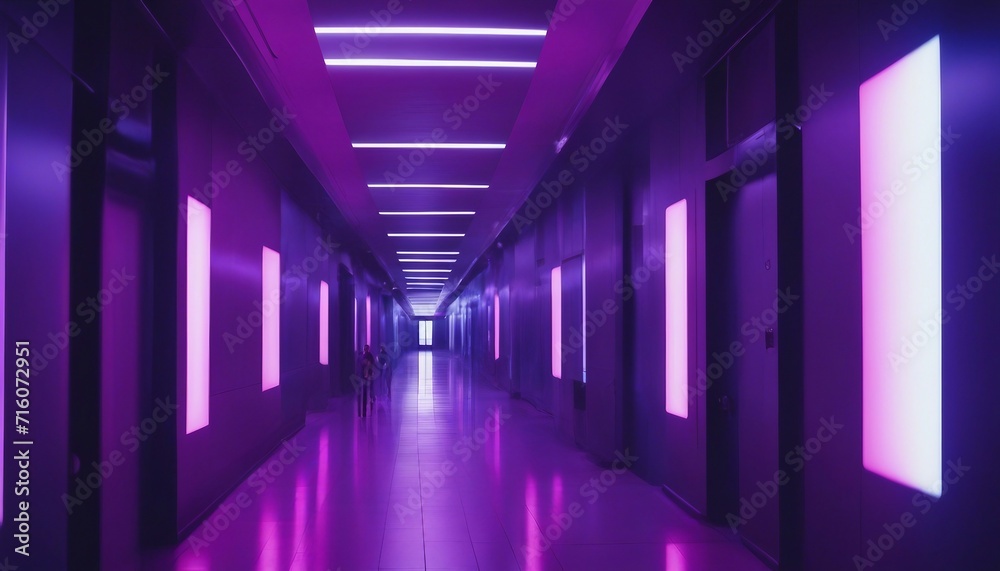 Bold Futuristic Hallway, an elongated corridor with a gradient from deep violet to electric blue