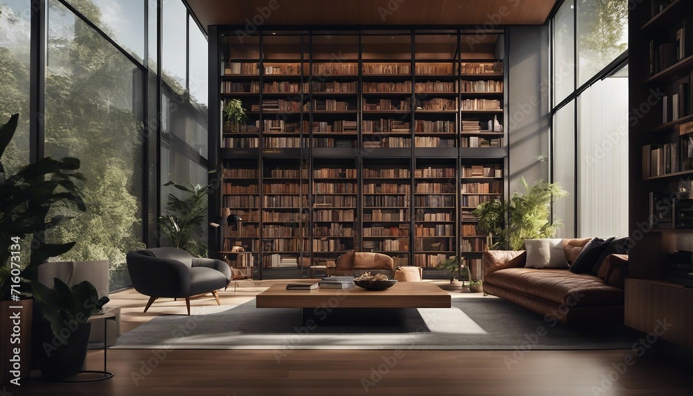 Contemporary Home with Floor-to-Ceiling Bookshelf Visible Through Front Glass, the rich colors Contemporary Home with Floor-to-Ceiling Bookshelf Visible Through Front Glass, the rich colors