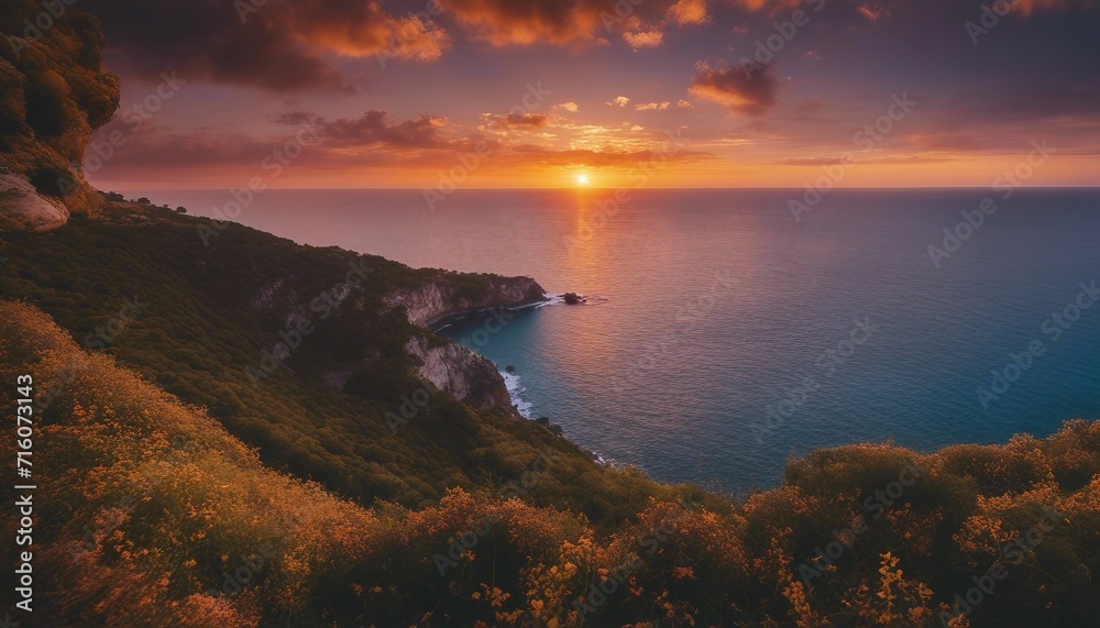 Cliffside Sunset View, the sun dipping below the horizon, viewed from a high cliff over the sea