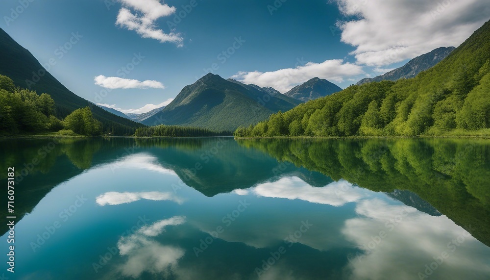 Crisp Mountain Reflection, a perfectly still mountain lake reflecting the vibrant greens and blues