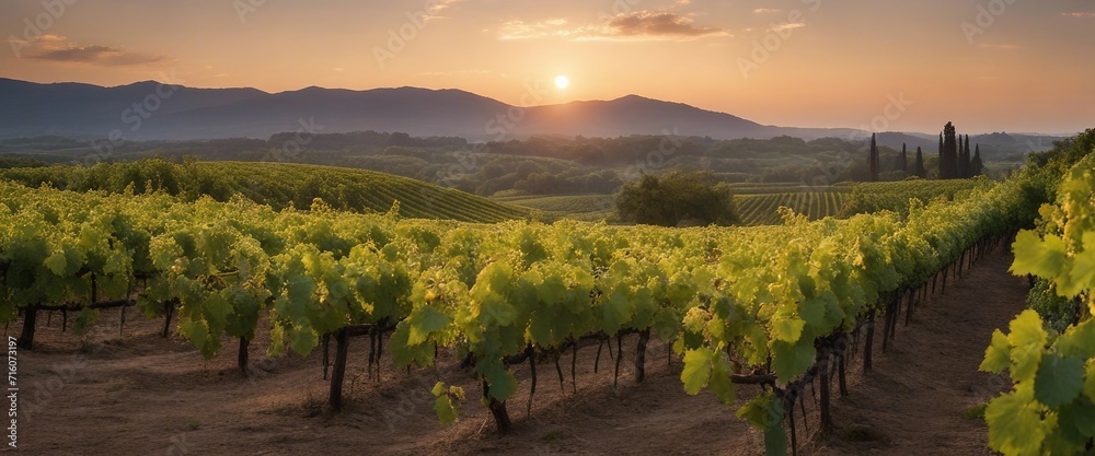 Dawn over the Vineyard, the first light of day casting a golden hue over rows of grapevines