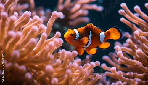 Clownfish in Anemone  a bright orange clownfish weaving through the vibrant tentacles of its sea 