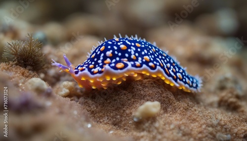 Colorful Nudibranch on Ocean Floor, a brightly colored nudibranch crawling across the seabed