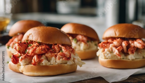 Decadent lobster rolls, the rich, buttery lobster meat spilling out of soft, toasted brioche buns
