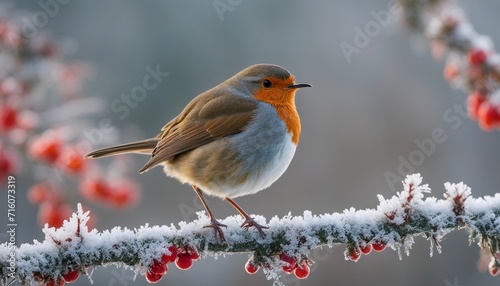 European Robin on Frosty Branch, a European robin fluffed up against the cold, perched © vanAmsen