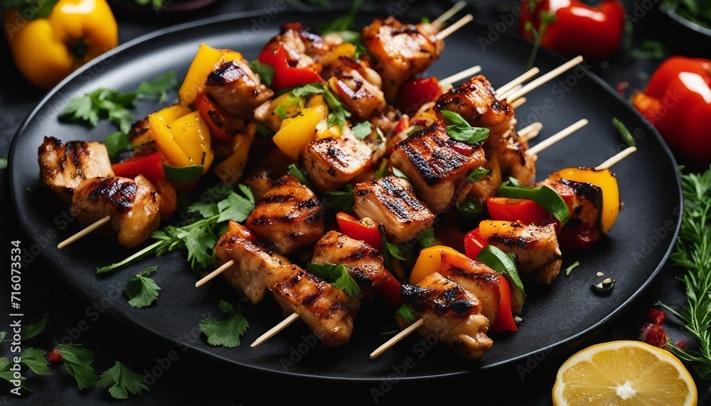 Grilled Chicken Skewers, skewers of marinated grilled chicken with colorful bell peppers and onions