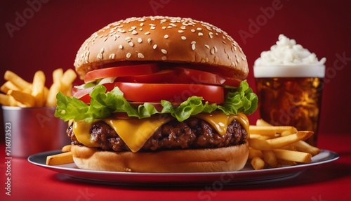 Gourmet Burger and Fries, a juicy cheeseburger with fresh lettuce and tomato