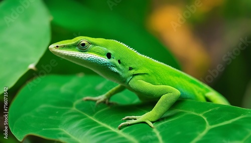 Green Anole on a Tropical Leaf, a green anole lizard displaying its dewlap on a vibrant tropical 