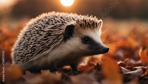 Hedgehog Foraging, a small hedgehog wandering through a bed of autumn leaves, its spiky silhouette 