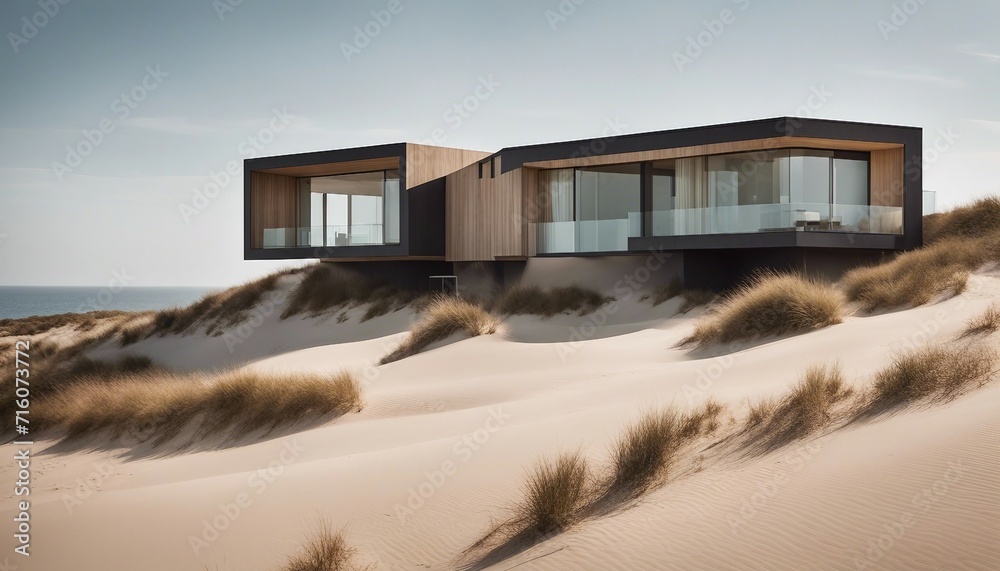 Minimalist Home Integrated into a Coastal Dune Landscape, the sandy tones of the dunes complementing Minimalist Home Integrated into a Coastal Dune Landscape, the sandy tones of the dunes complementing