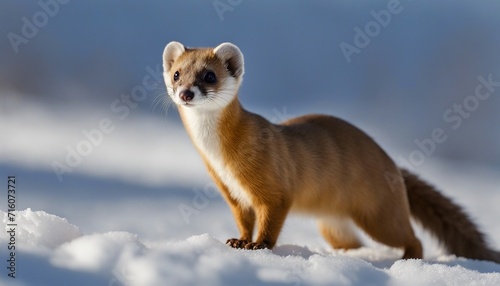 Long-tailed Weasel in Winter Coat, a long-tailed weasel in its white winter fur against a snowy
